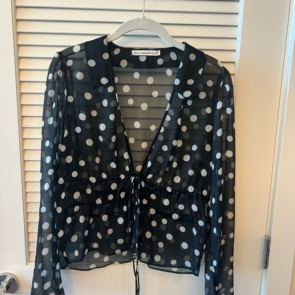 Abercrombie & Fitch Black Sheer Blouse with White Polka Dots